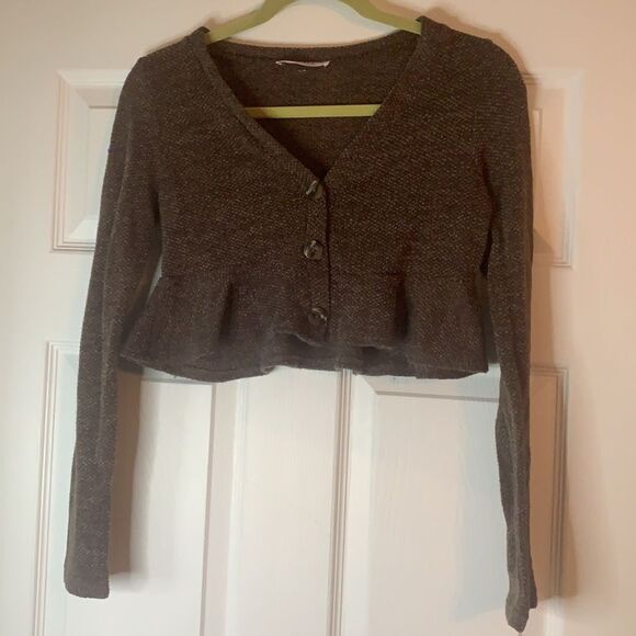 Brown Crop Button Down Ruffle Sweater Coverup Medium - Picture 1 of 4